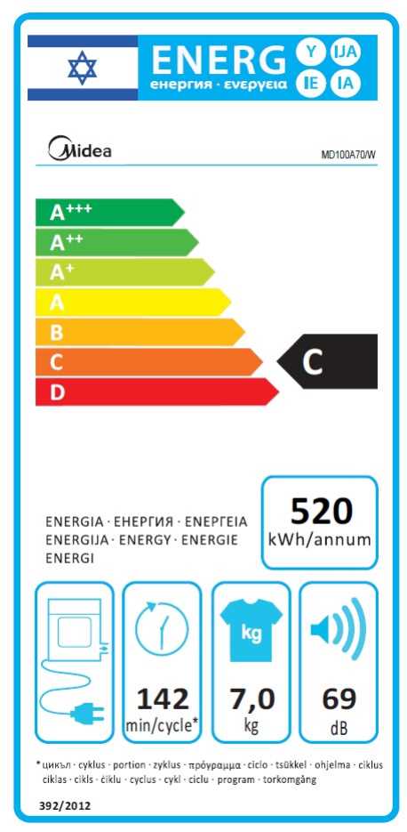 מייבש כביסה 7קג MIDEA 6428 דגם MD100A70/W מידאה - תמונה 2