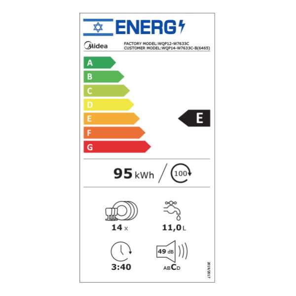 מדיח כלים רחב MIDEA 6465 דגם WQP14-W7633C-B שחור מידאה - תמונה 3